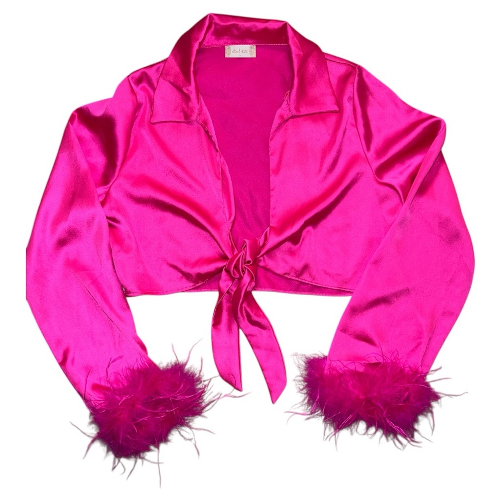 Pink Satin Tie-Front Top with Feather Cuffs